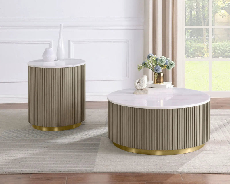 Jason 2-piece Round White Marble Coffee Table Set Greige by Unique Piece Furniture