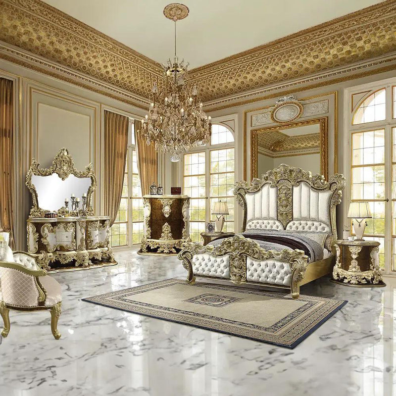 Desiderius - Bench - Beige Fabric, Antique Gold & Hand Paint Brown by Unique Piece Furniture