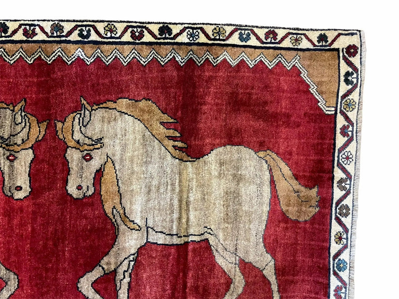 4 X 6 Handmade Hand-Knotted New Vintage Rug Wool Horses Red Organic Dyes Tribal by Jewel Rugs