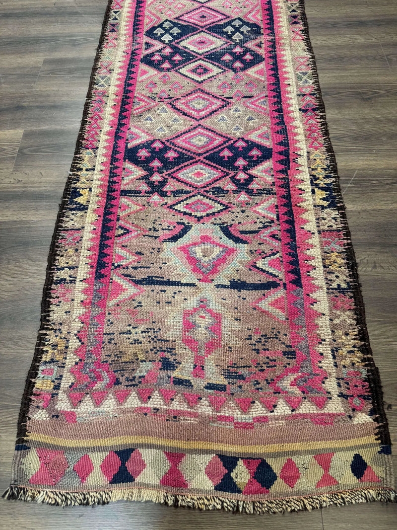 Turkish Runner Rug 3x10, Pink and Navy Blue, Bohemian Runner for Hallway or Kitchen, Vintage, Geometric, Tribal by Jewel Rugs