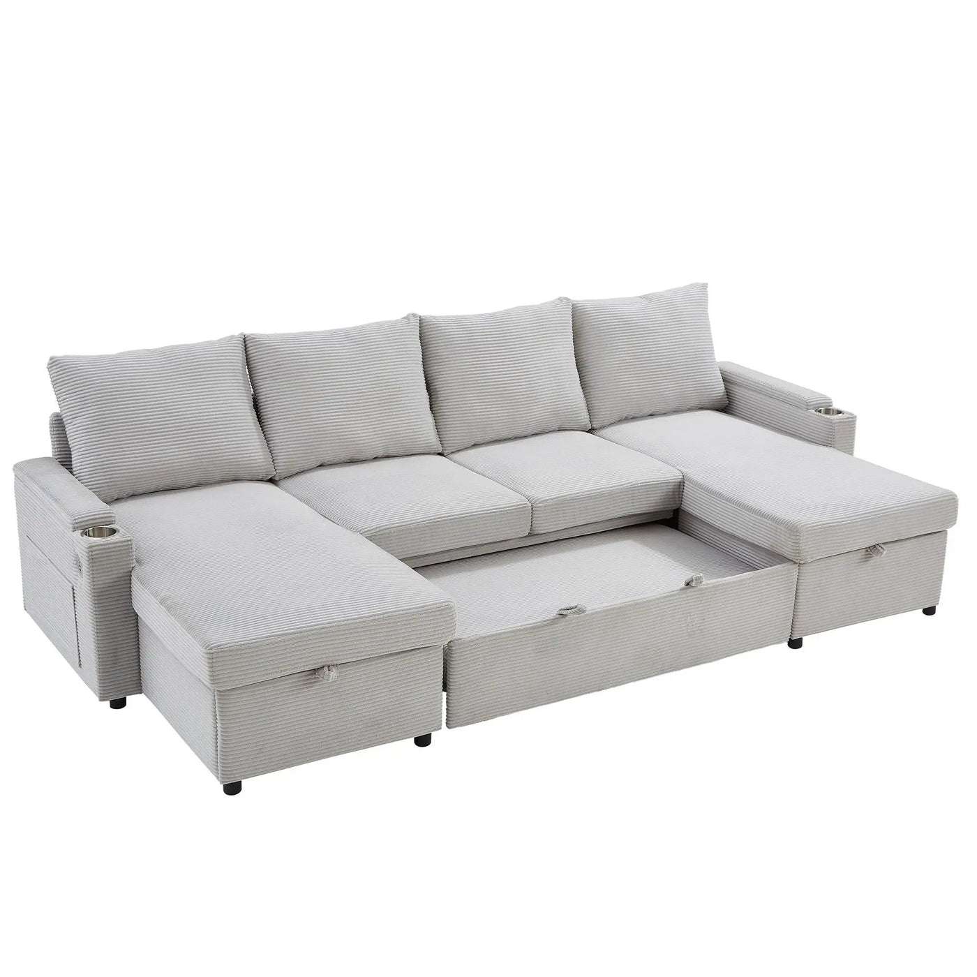 U Shaped Sectional Sofa Bed With Storage Chaise Lounges, USB Ports, And Cup Holders by HouseOfZazla