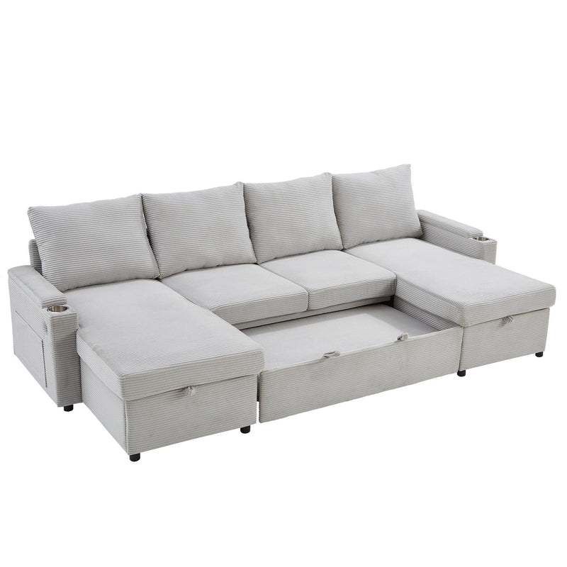 U Shaped Sectional Sofa Bed With Storage Chaise Lounges, USB Ports, And Cup Holders by HouseOfZazla