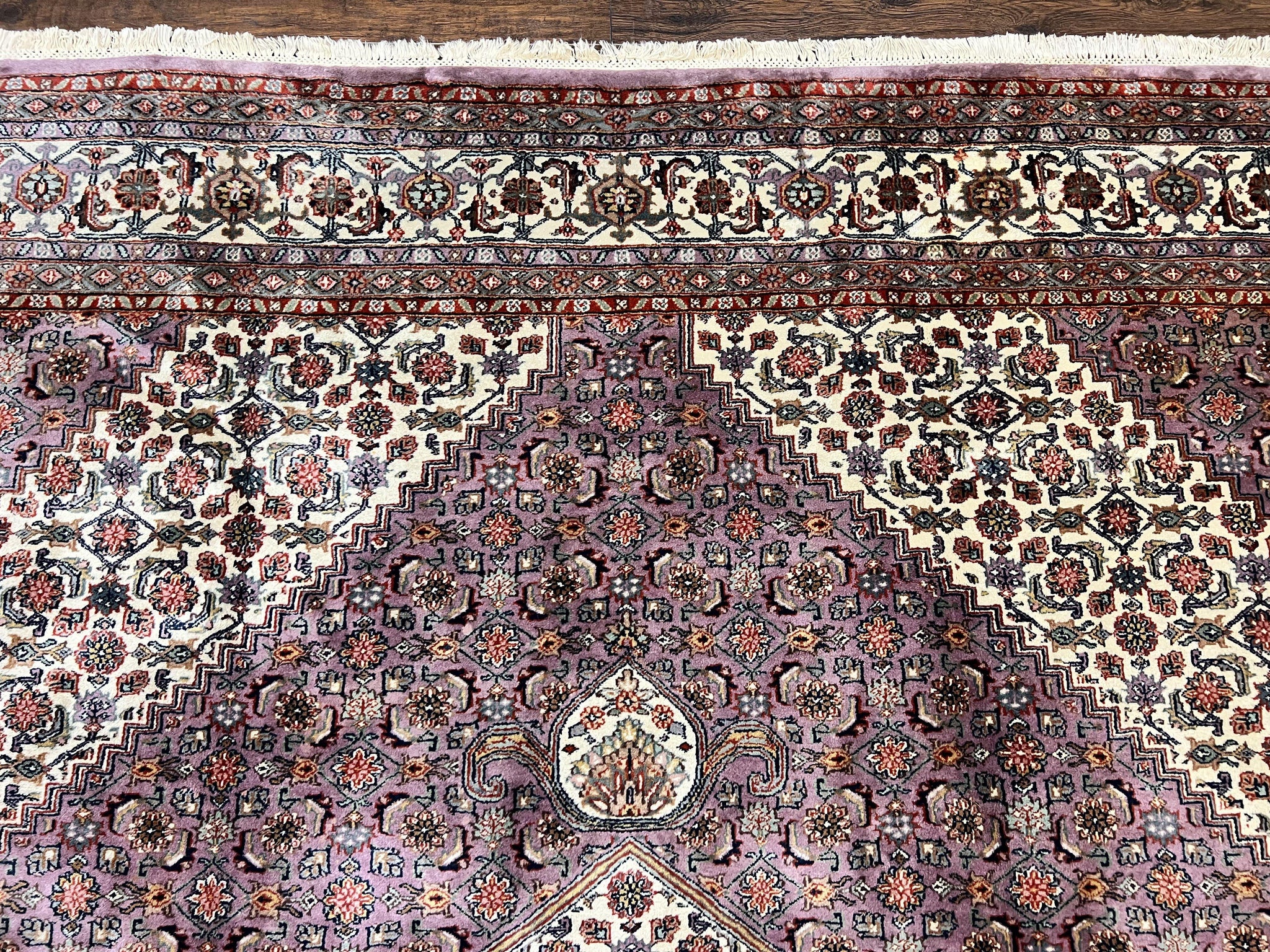 Indo Persian Bidjar Rug 8x10, Purple and Ivory Hand Knotted Wool Vintage Oriental Carpet, Herati Mahi Pattern, 8 x 10 Traditional Fine Rug by Jewel Rugs