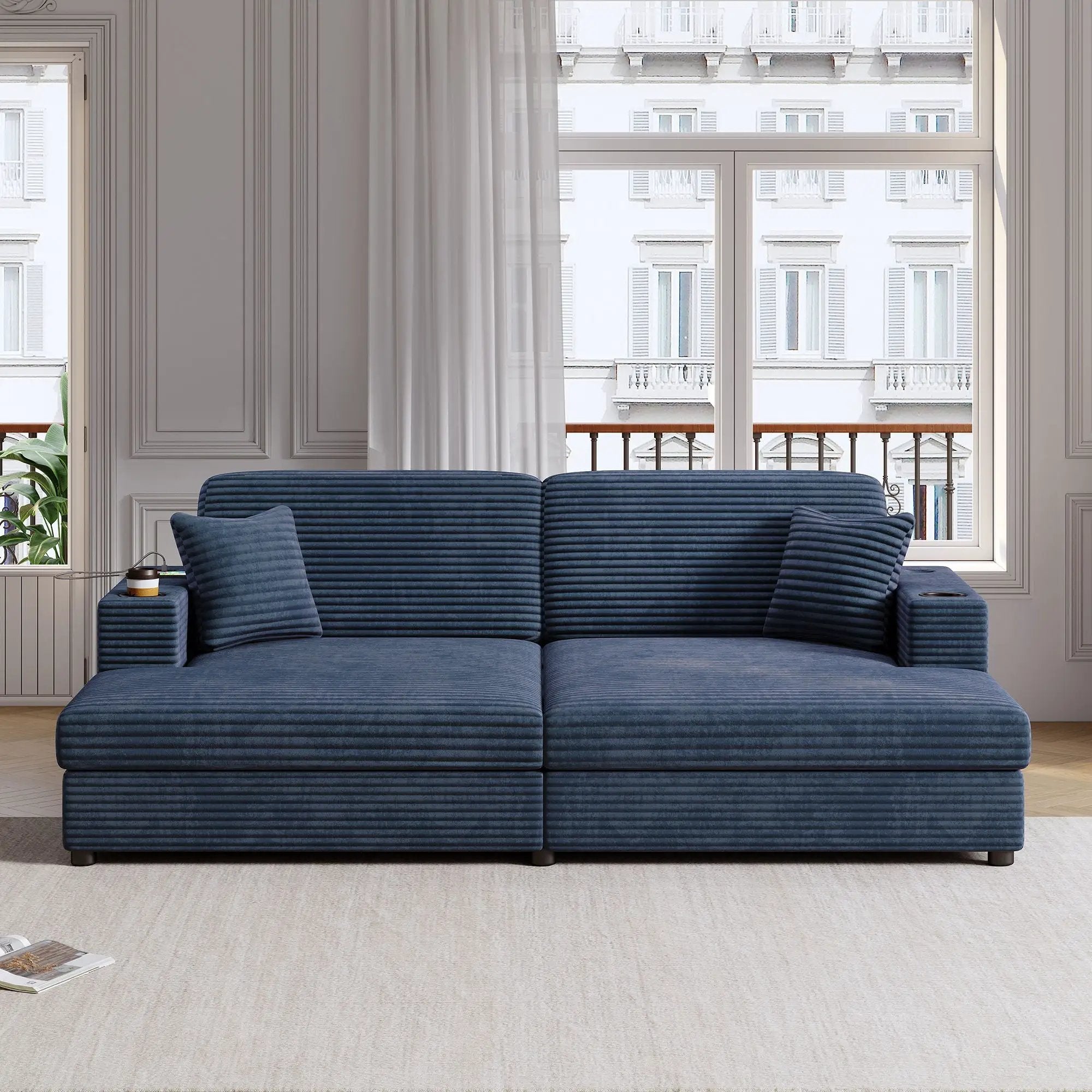 Oversized Loveseat Chaise With 2 USB Ports, 2 Cup Holders And 2 Throw Pillows by HouseOfZazla