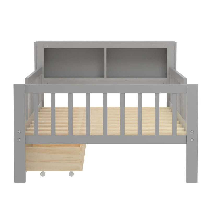 Bed With Headboard Storage Rack, 2 Under Bed Drawers, 3 Side Guardrails For Safety by HouseOfZazla