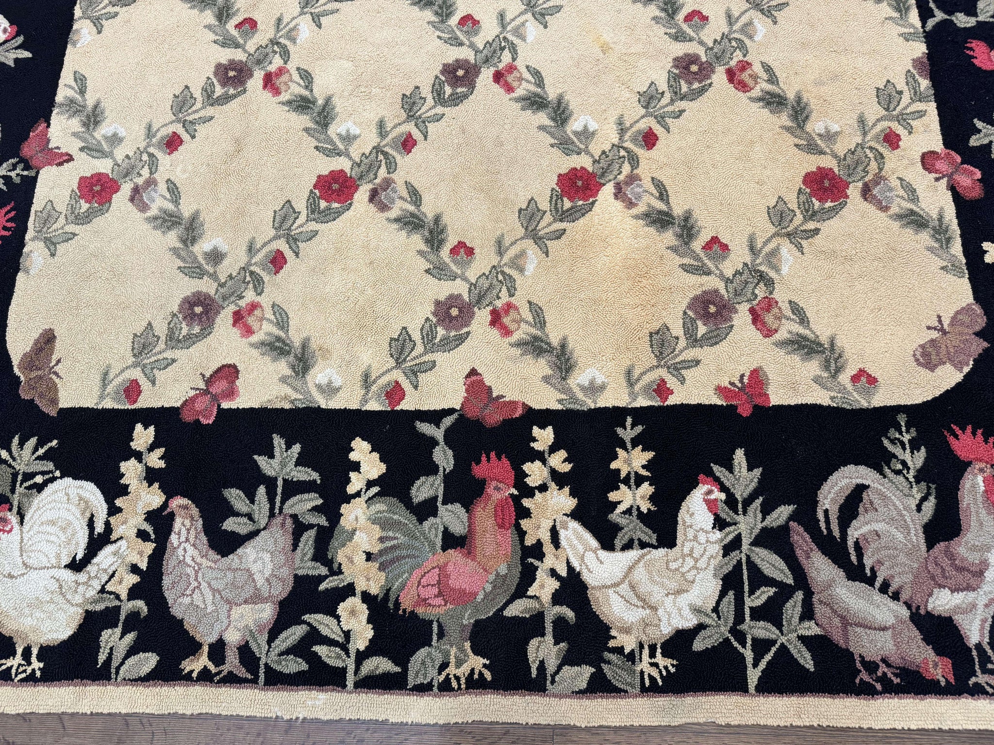 Vintage Hooked Rug 7x9, Rosters in Border, Roses and Butterflies by Jewel Rugs