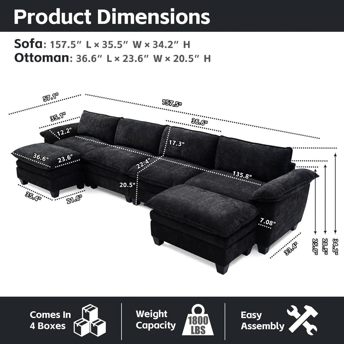 Luxury Chenille Upholstered U Shape Sofa with Two Ottomans by HouseOfZazla