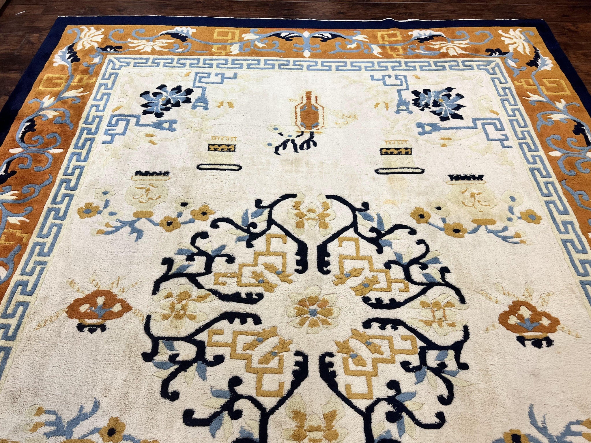 Indo Chinese Rug 9x12, Asian Oriental Carpet 9 x 12, Cream & Burnt Orange, Handmade Wool Vintage Art Deco Rug by Jewel Rugs