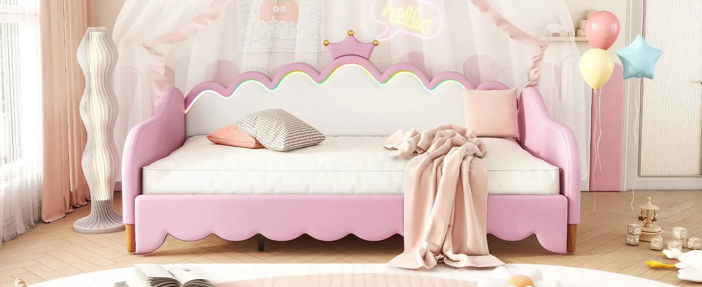 Extending Daybed With LED Lights, Modern Upholstered Princess Daybed With Crown Headboard by HouseOfZazla