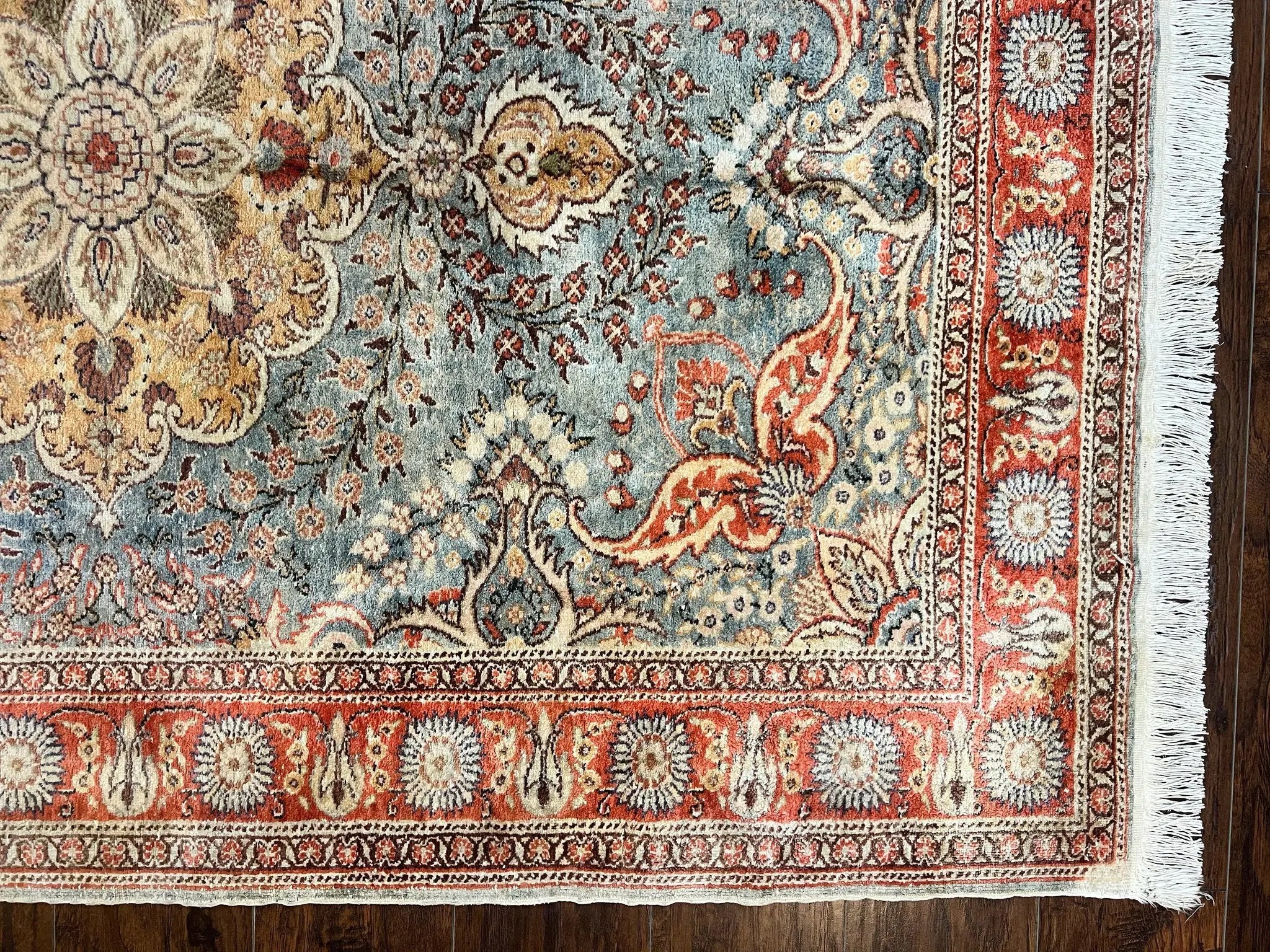 Silk Turkish Rug 5x7, Light Blue Silk Carpet, Floral Medallion, Turkish Kayseri Rug, Vintage Handmade Oriental Rug by Jewel Rugs