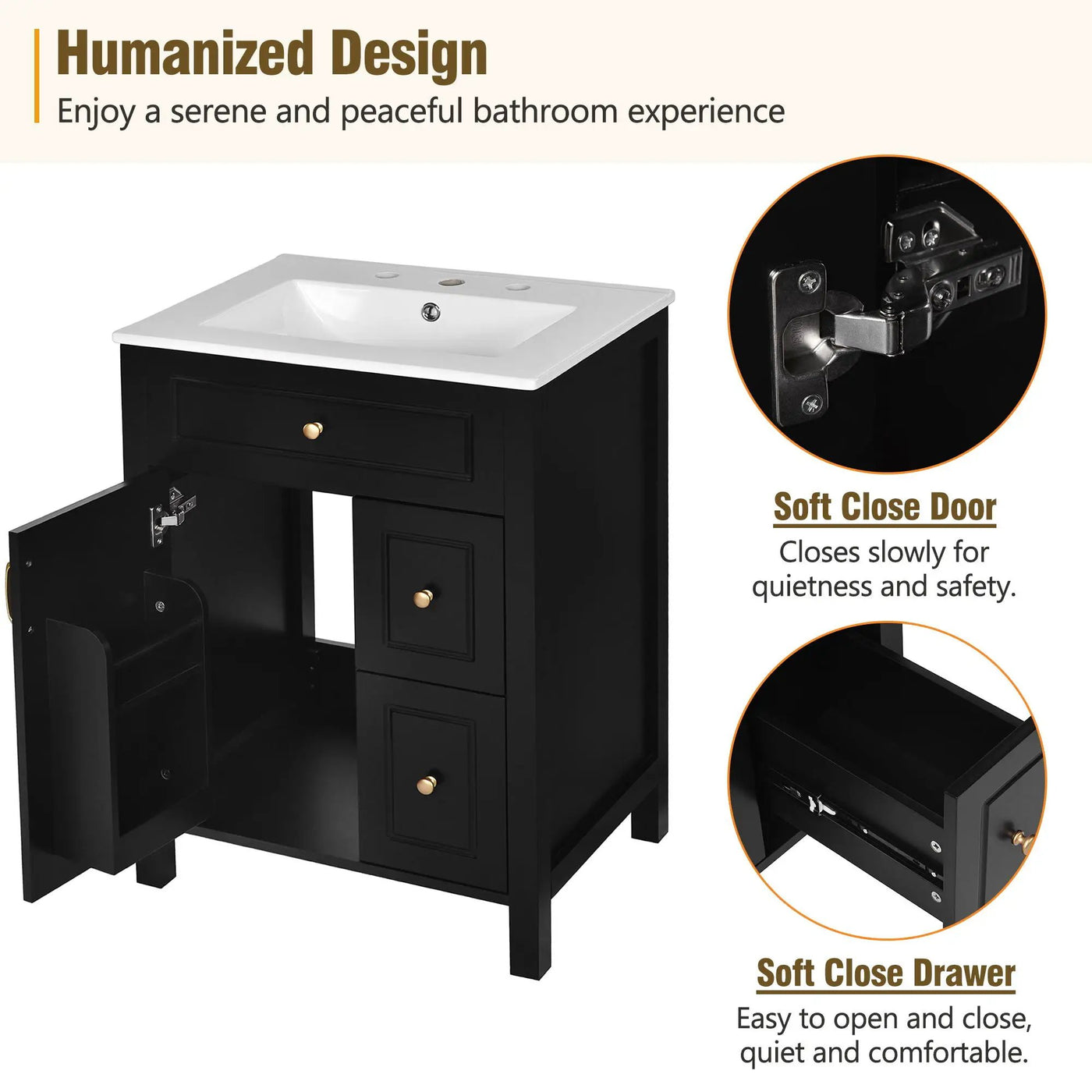 Elegant Bathroom Vanity With Ceramic Sink, Soft Close Doors And Drawers, Double Storage Racks by HouseOfZazla