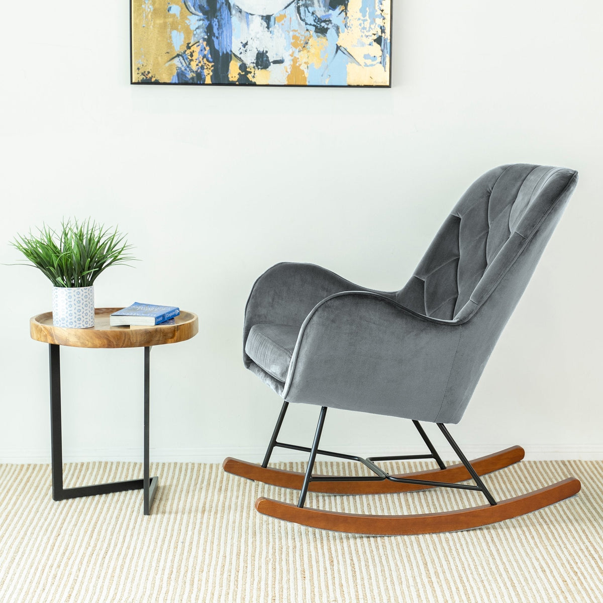Mid Century Modern Rocking Chair with Velvet Upholstery - Dark Grey, photo 5 of 10