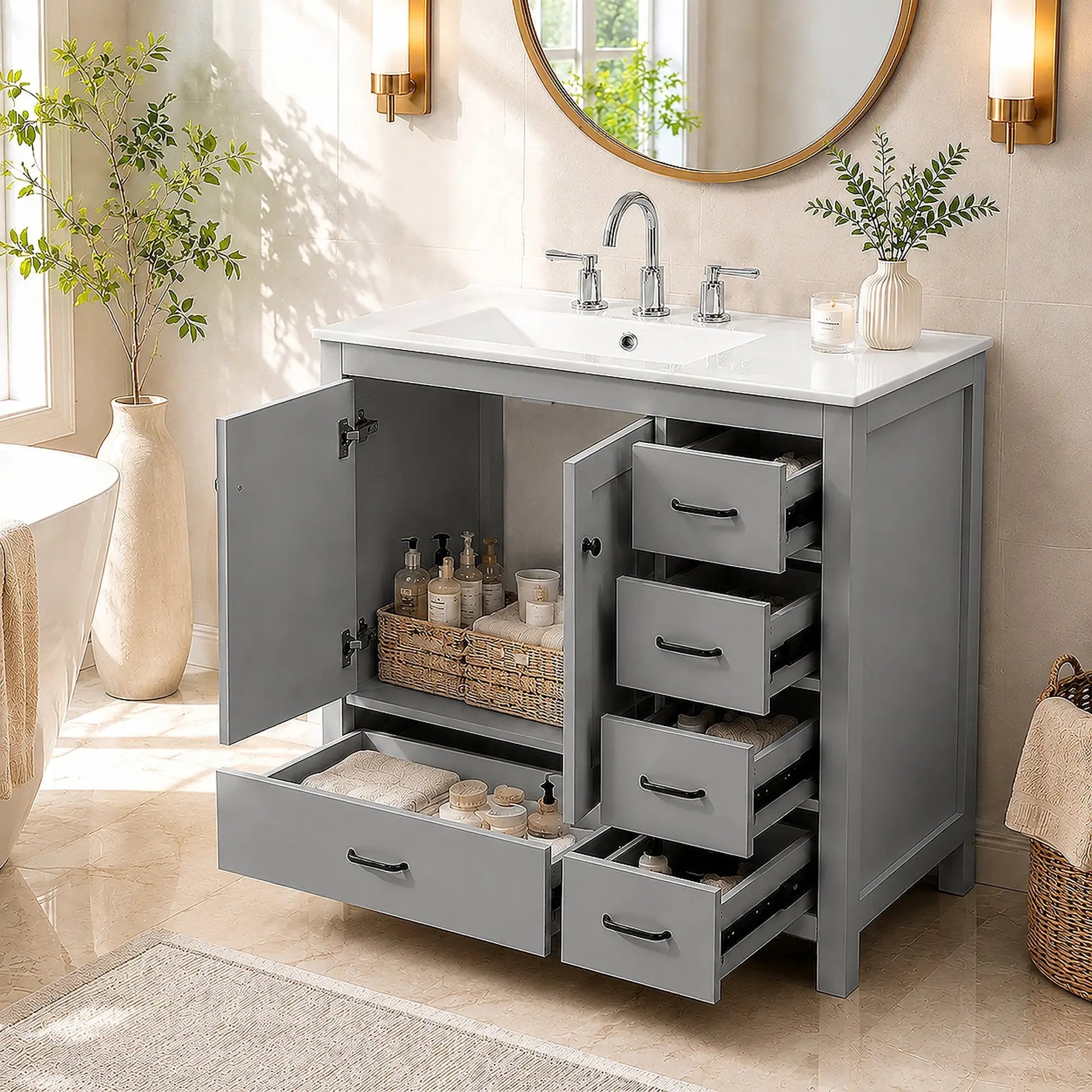 36" Gray Bathroom Vanity with Ceramic Sink Combo by HouseOfZazla