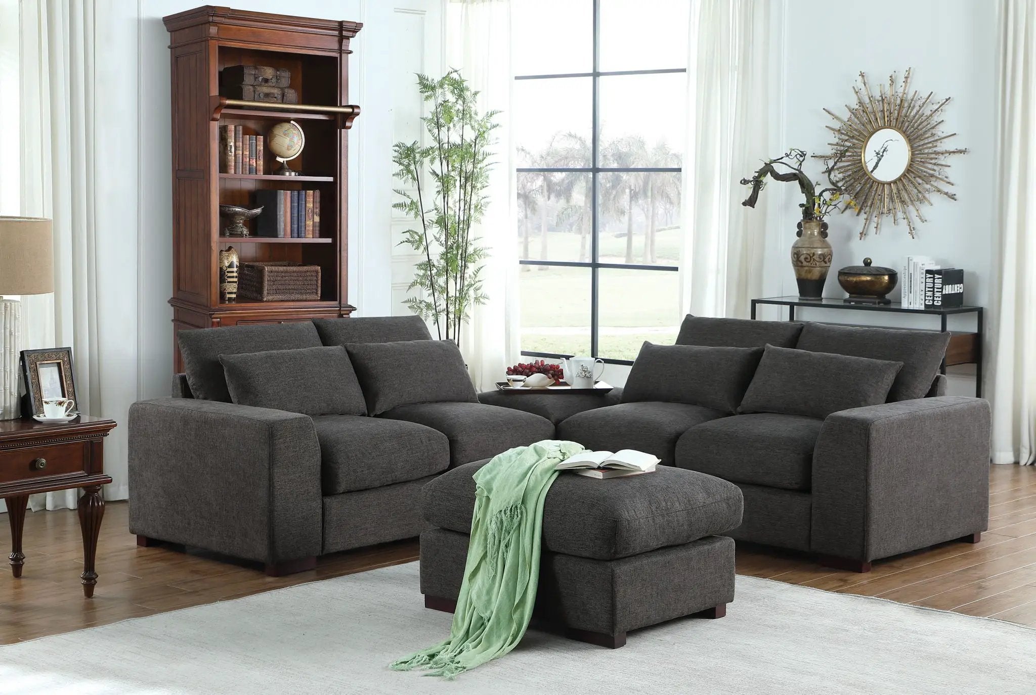 Tatman - Linen Blend Sectional With 2 Ottomans - Dark Gray by HouseOfZazla
