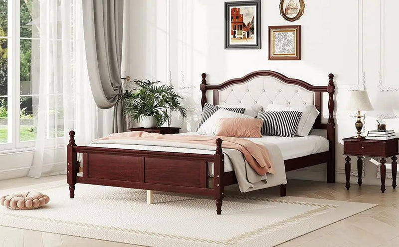 Pine Wooden Bed With Upholstered Headboard And Panel Footboard, With Two Bed Rail Support Feet And Central Platform Support Feet by HouseOfZazla