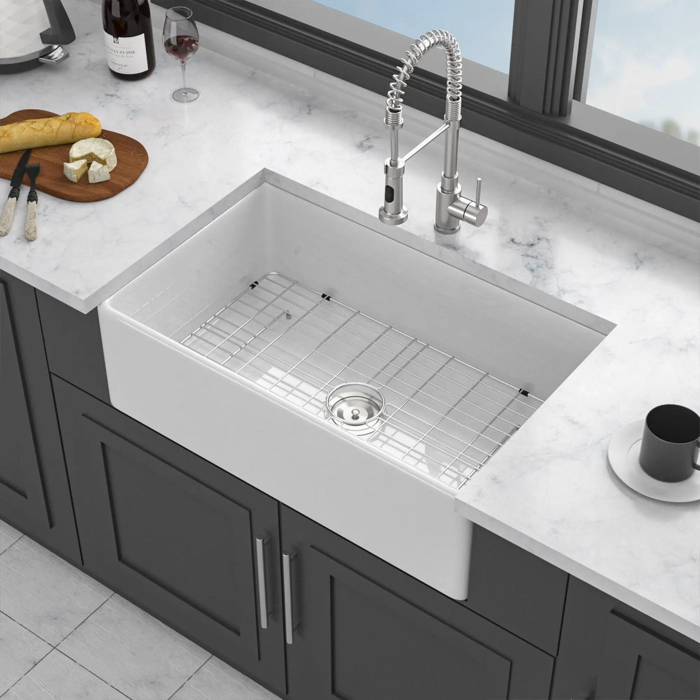 Ceramic Farmhouse Sink With Deep Basin And Stainless Steel Grid by HouseOfZazla
