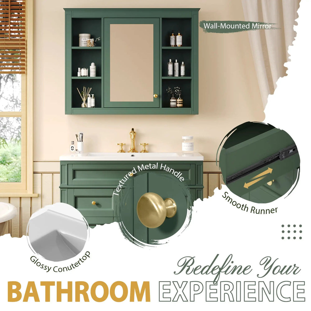 Bathroom Vanity With Mirror Cabinet, Single Sink With 2 Soft Closing Doors And 4 Drawers, photo 24 of 35