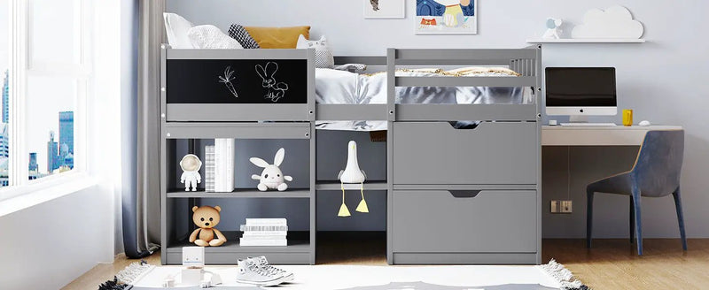 Low Loft Bed With Rolling Desk, Shelf And Drawers by HouseOfZazla