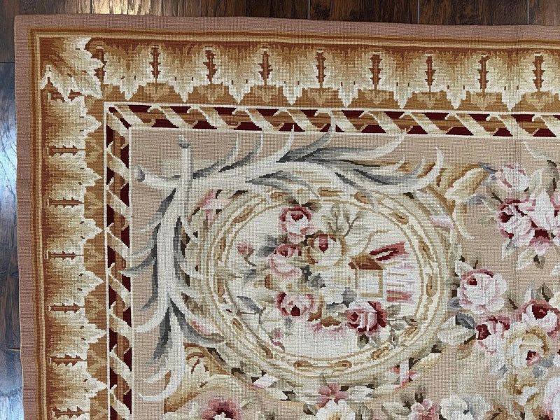 Aubusson Rug 9x12, Elegant Savonnerie Carpet 9 x 12 ft, Beige Ivory Tan, Floral, Flatweave Wool Handmade Area Rug 9 x 12 ft, European French by Jewel Rugs