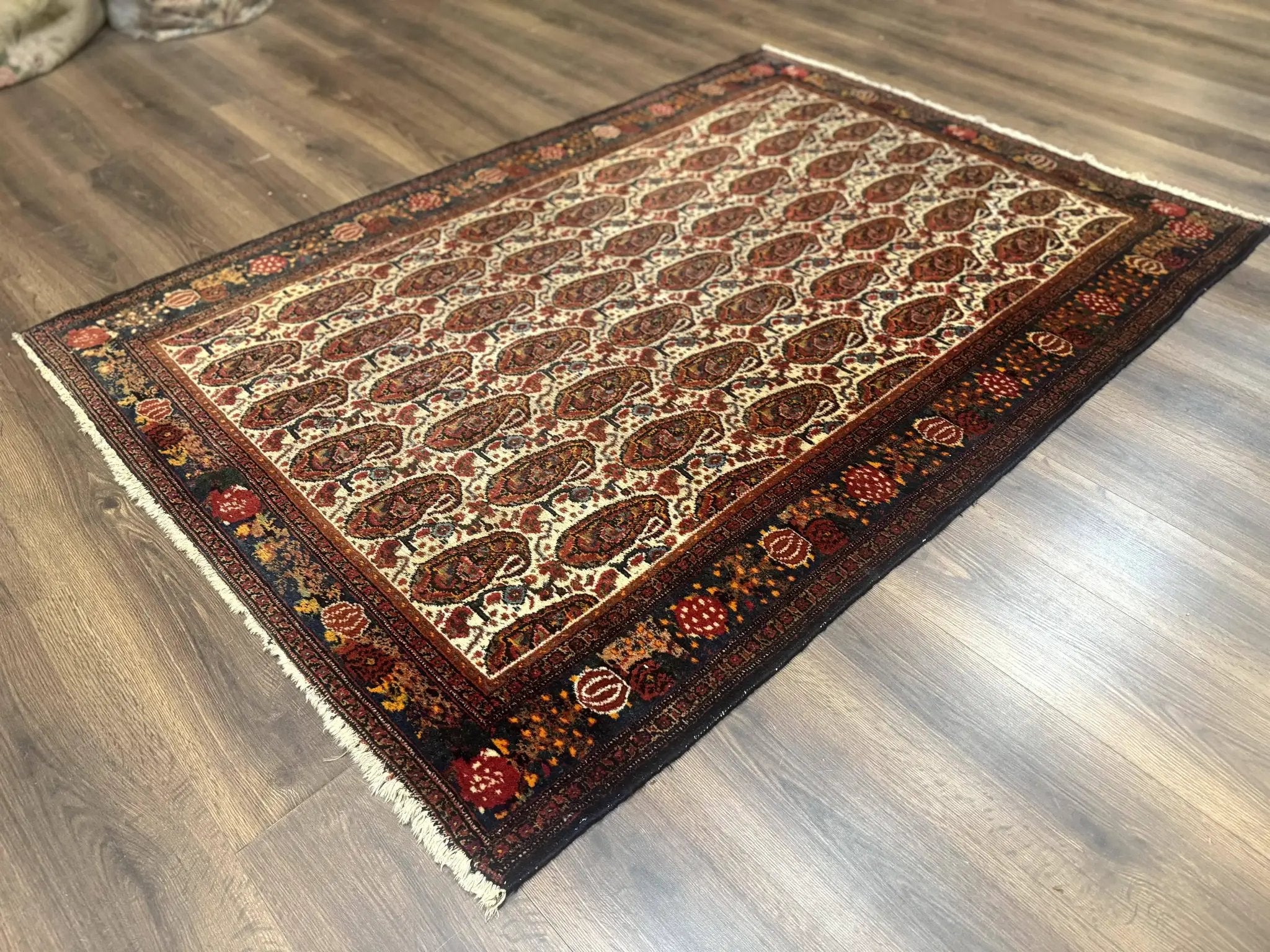 Antique Persian Kurdish Senneh Rug 4.6 x 6.5, Repeated Paisely Boteh Design, Handmade by Jewel Rugs