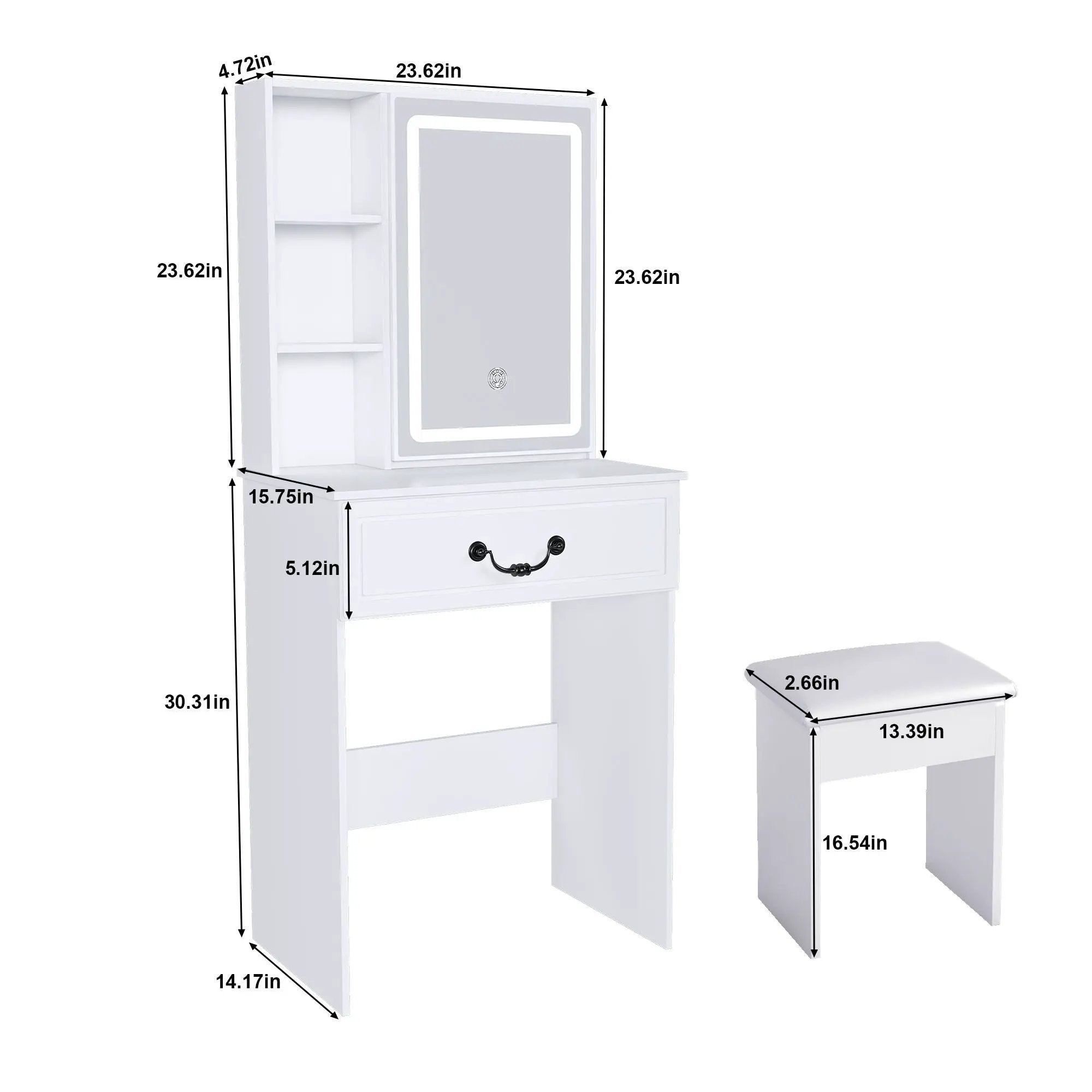 Modern Mini Dressing Table With Led-Lit Mirror & Hidden Storage, Adjustable Brightness Vanity Desk - White by Unique Piece Furniture