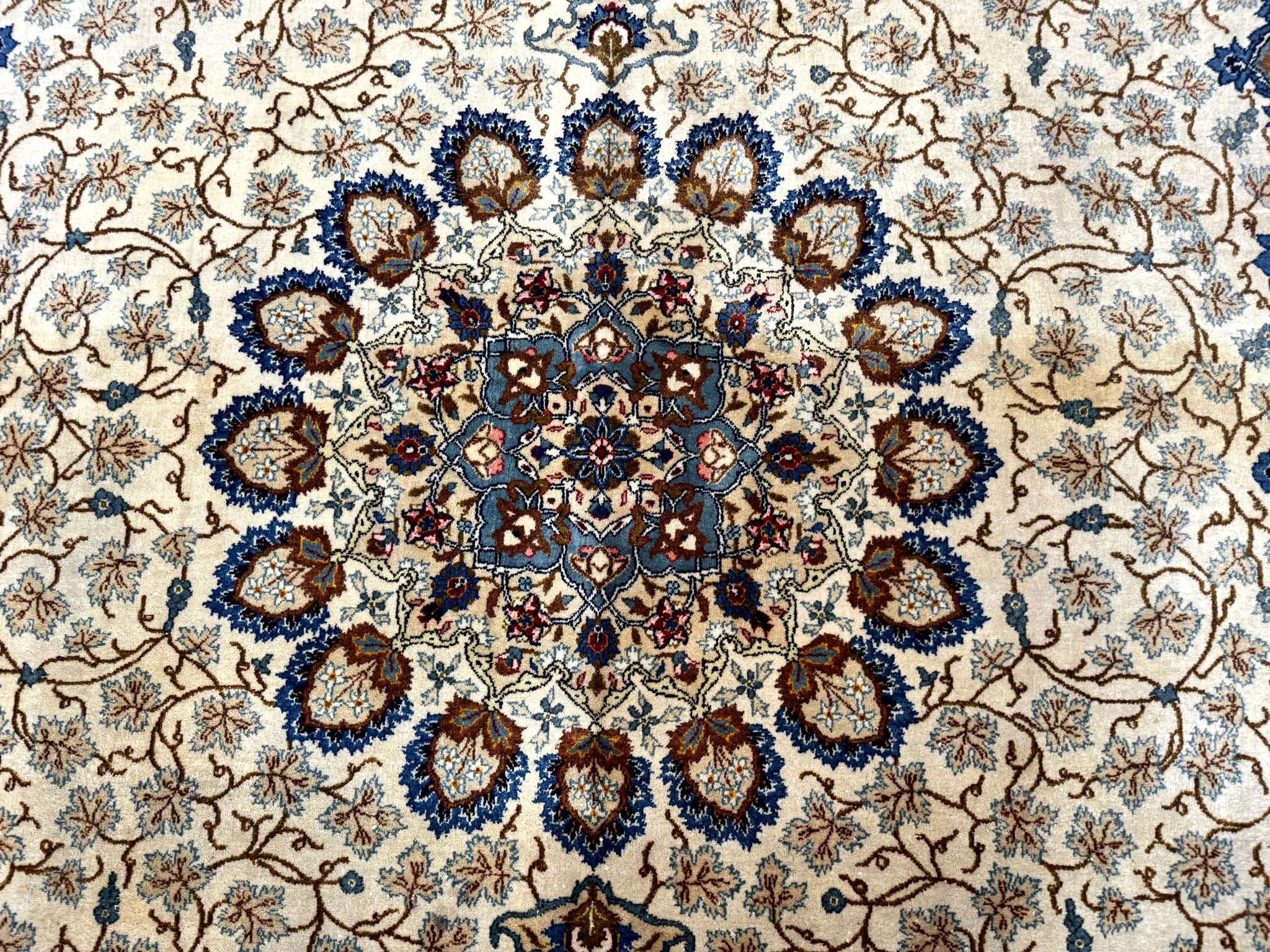 Persian Kashan Rug 9 x 12.6, Ivory and Blue, Floral Medallion, Wool Hand Knotted Semi Antique Carpet by Jewel Rugs