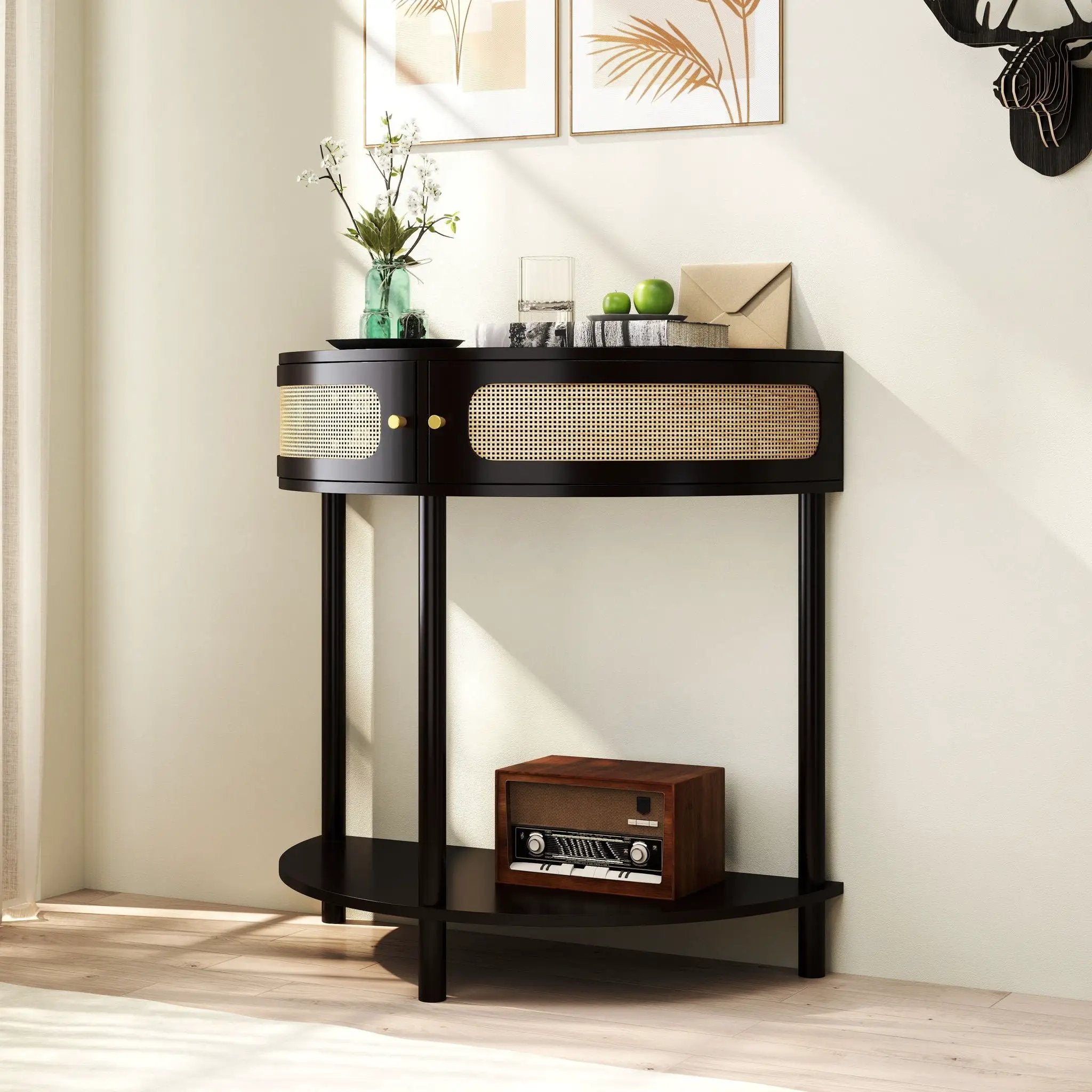 Boho Rattan Semi Circle End Table With Sliding Rattan Door, Storage And Bottom Shelf by Unique Piece Furniture