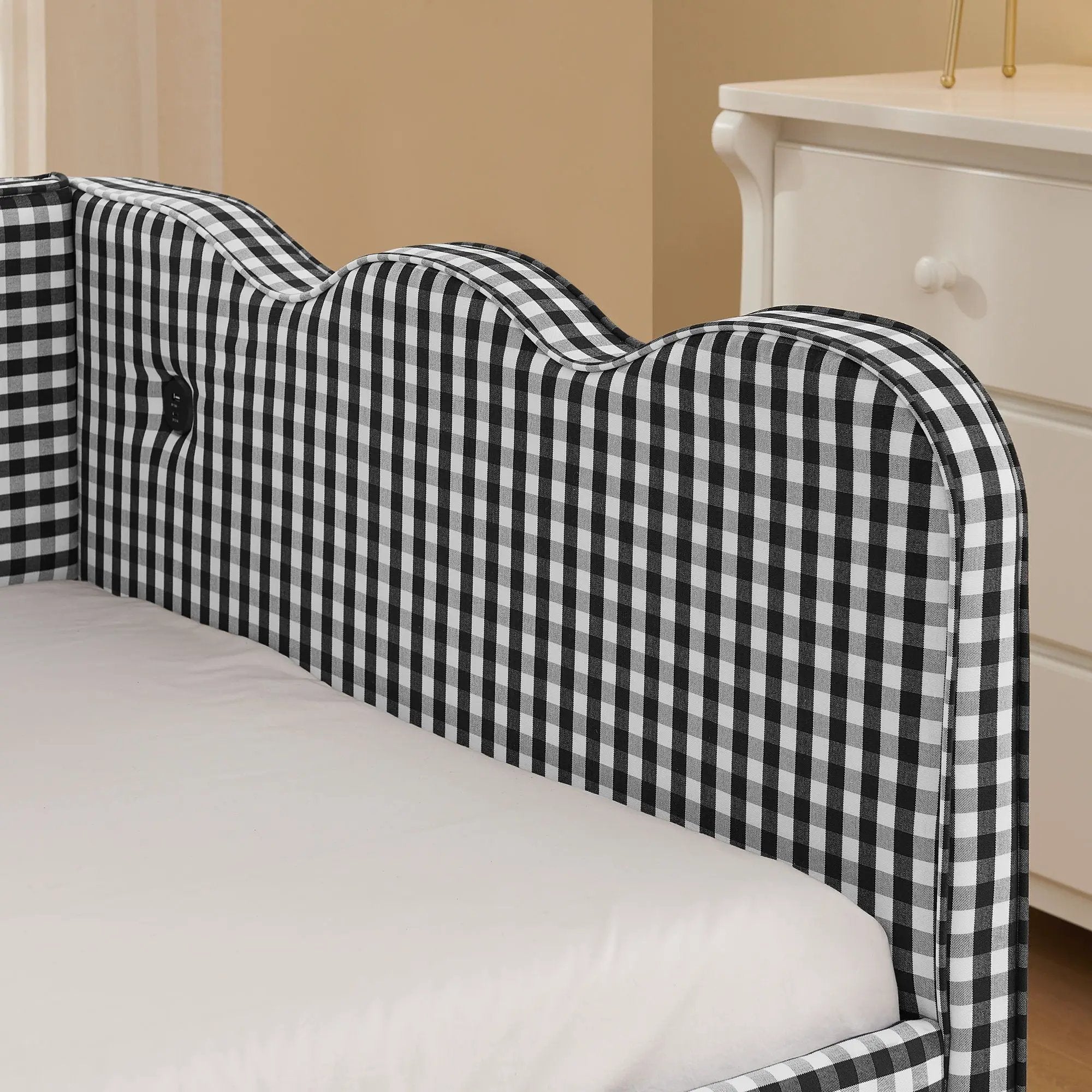 Gingham Daybed With USB Charging Port, Wave Shaped Design by Unique Piece Furniture