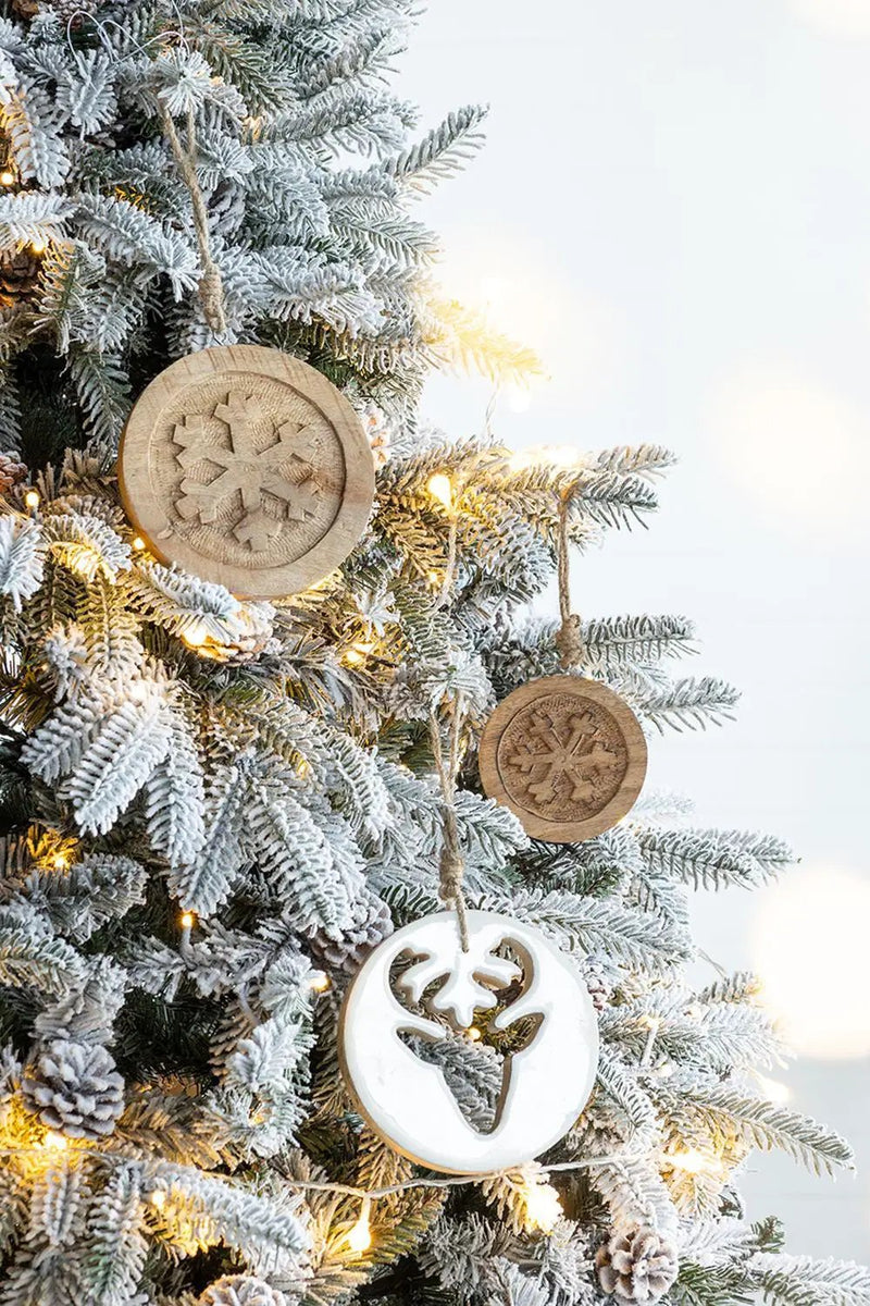 Wooden Hanging Circle With Snowflake Cut Decorative Hanging Christmas Tree Ornaments For Holiday Party Decorations (Set of 12) - Multi by Unique Piece Furniture