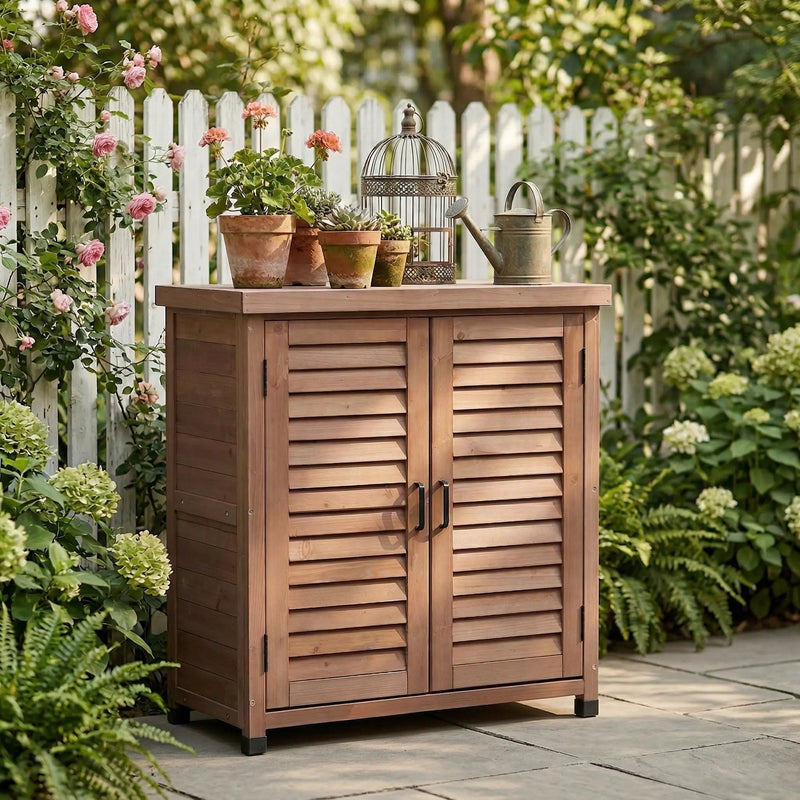 Potting Bench With Storage Cabinet And Metal Table Top For Outdoor by Unique Piece Furniture