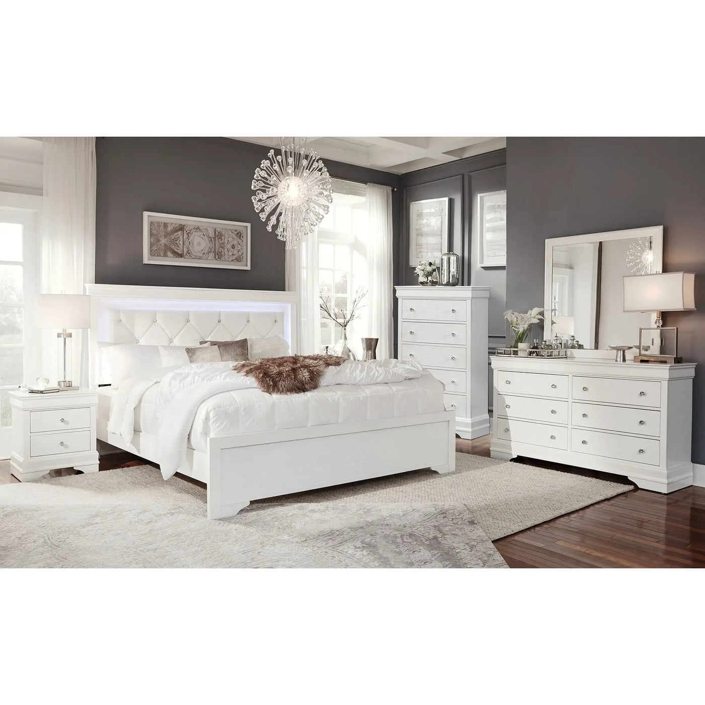 Shaker - 5 Pieces Bedroom Set With Crystal Inspired Tufted Headboard And LED Lighting by Unique Piece Furniture