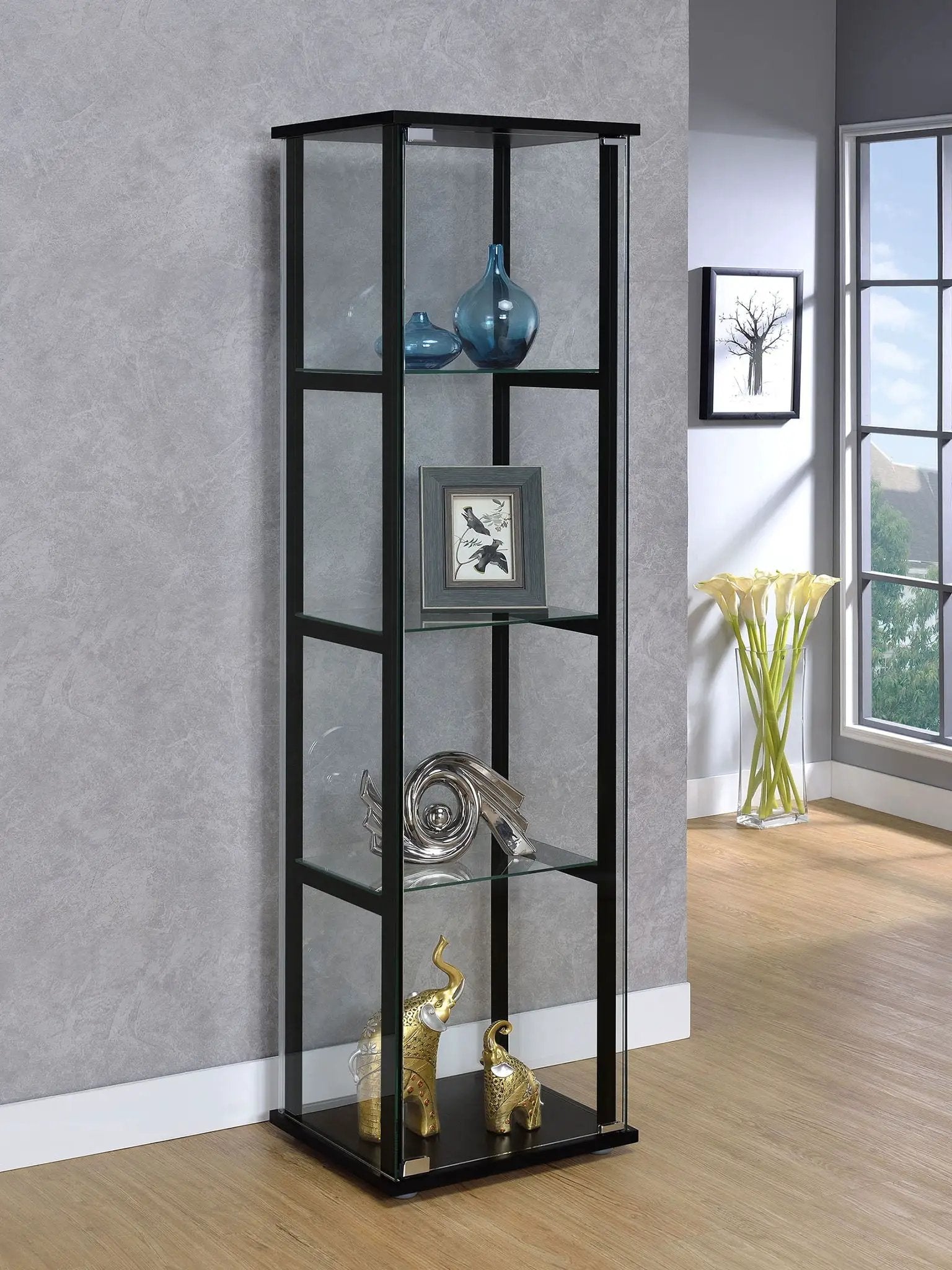 Cyclamen 4-shelf Clear Glass Curio Display Cabinet Black by Unique Piece Furniture