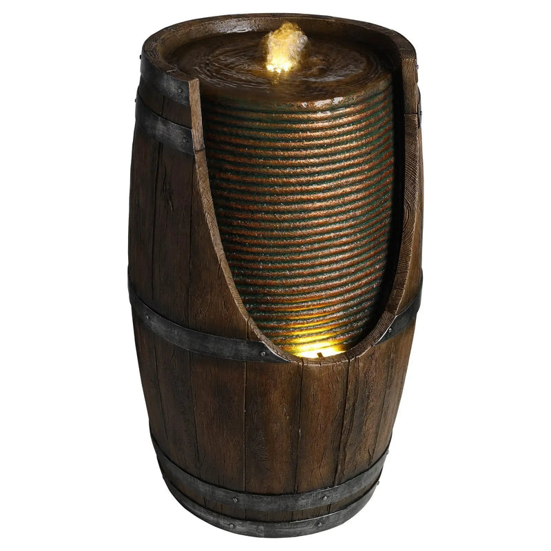 Outdoor Barrel Water Fountain with Rustic Wood Look Resin by HouseOfZazla