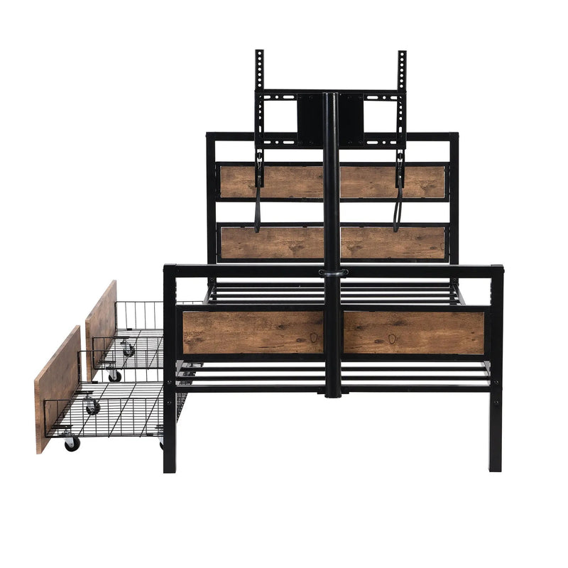 Twin Size Platform Bed With Headboard And Footboard, 2 Storage Drawers And Rotatable TV Stand - Black by HouseOfZazla