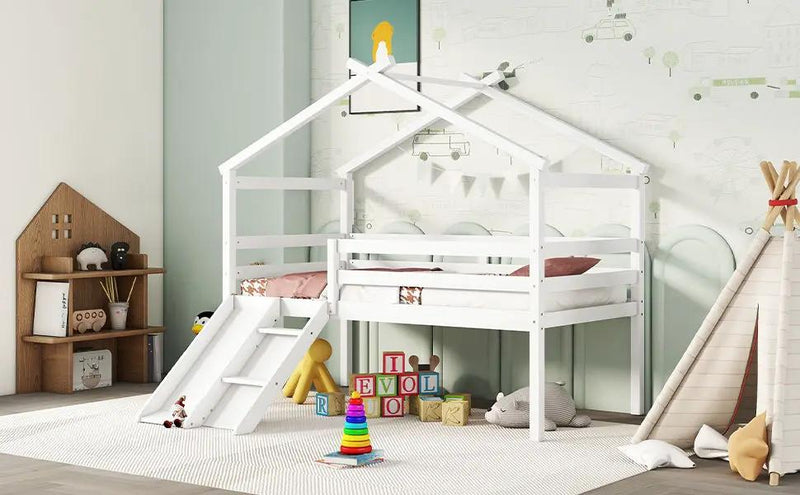 Low Loft House Bed With Slide, Ladder, Safety Guardrails, House Roof Frame by HouseOfZazla