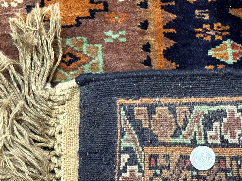 Vintage Afghan Rug 4x6, Navy Blue and Light Brown, Geometric Medallions, Wool on Wool, Tribal Rug by Jewel Rugs