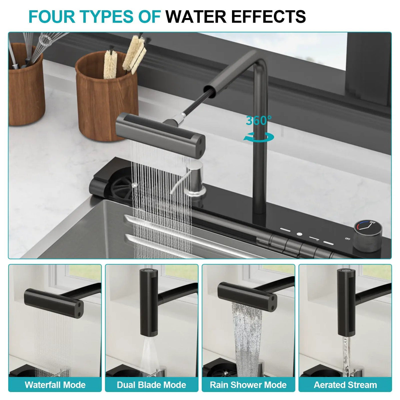 30" Single Bowl Kitchen Sink With Smart LED Faucet by HouseOfZazla