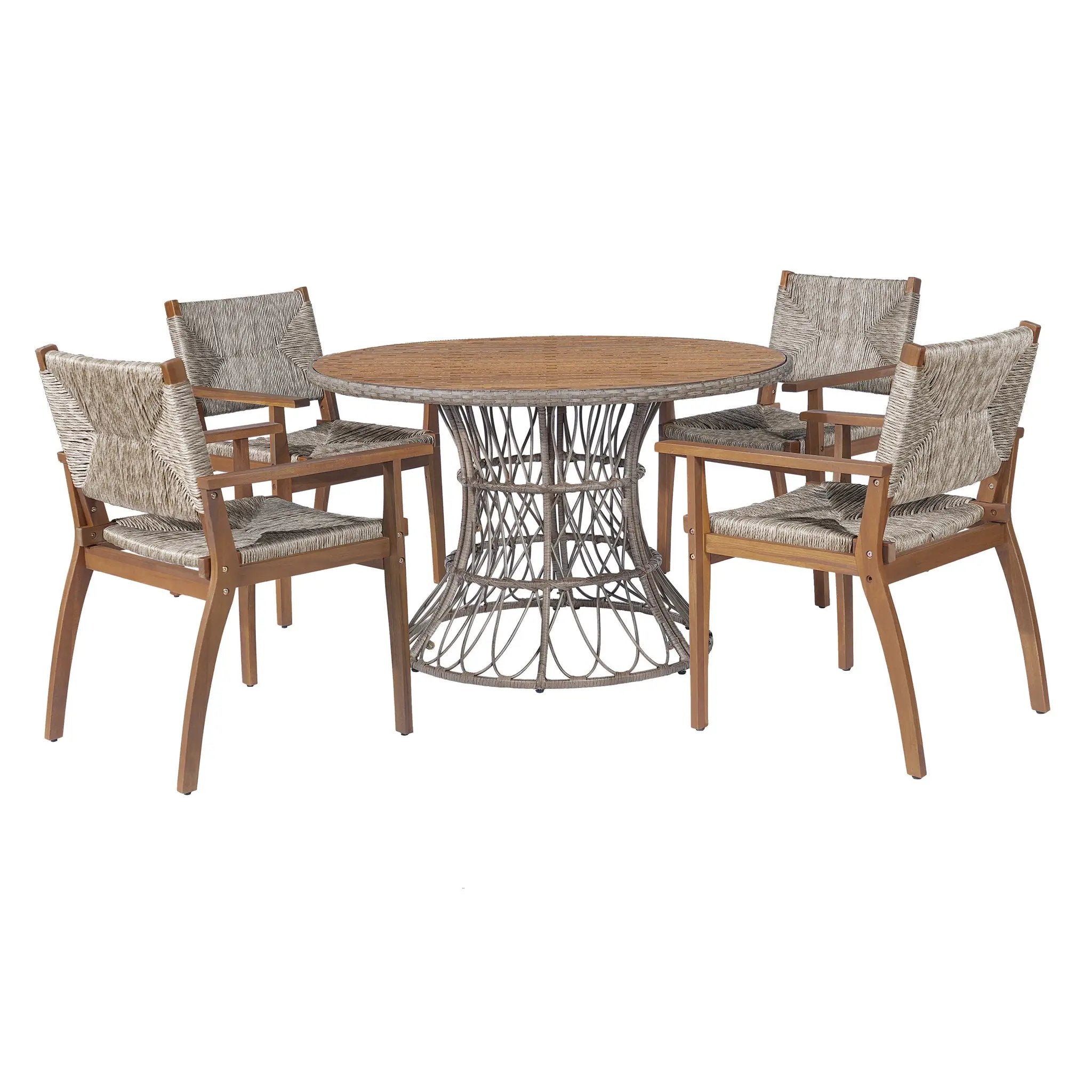 5-Piece Outdoor Dining Set: Brown Round Acacia Wood Table & 4 Brown Wicker Armchairs by HouseOfZazla