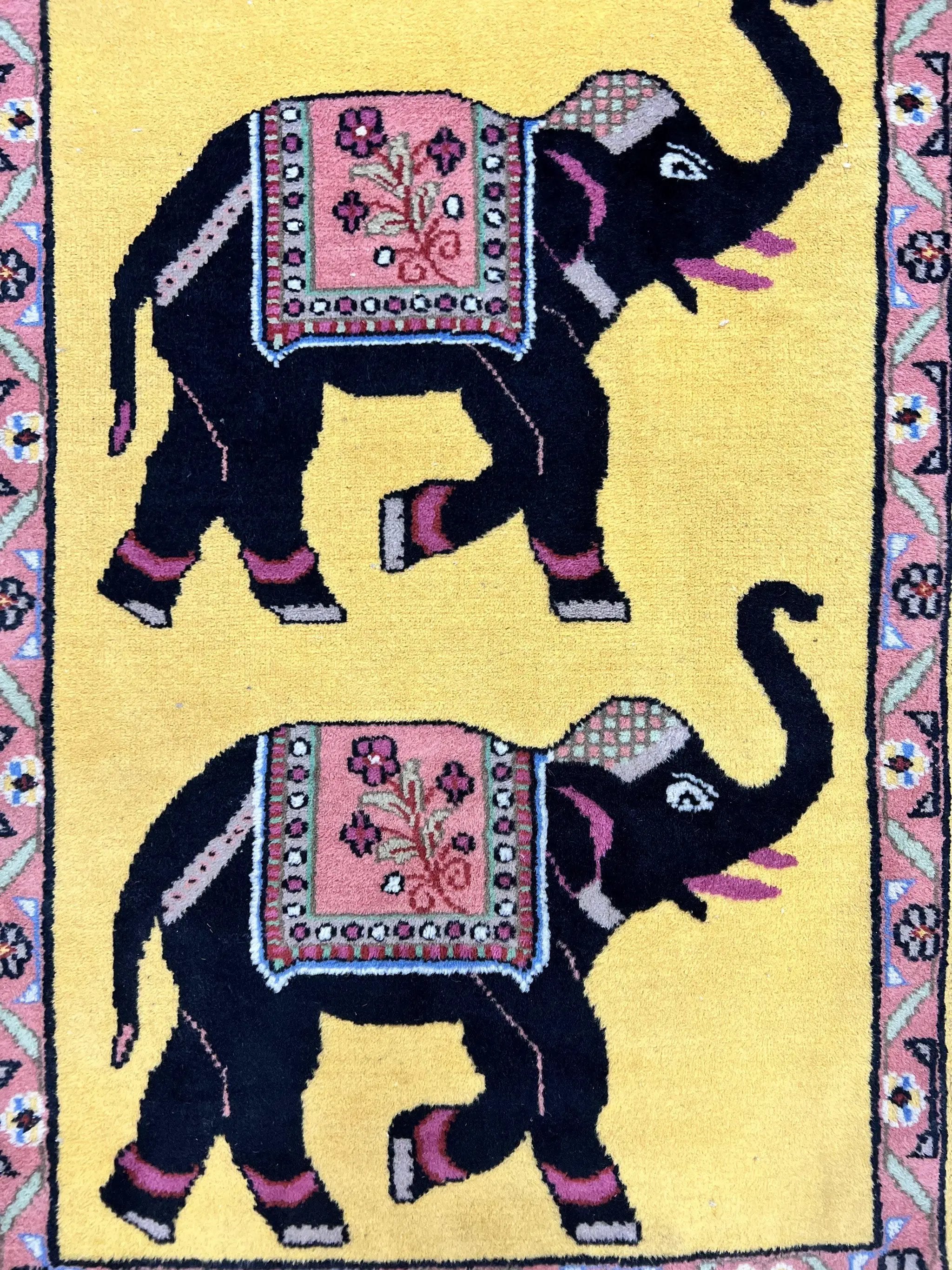 Unique Indian Pictorial Rug 2x3, Small Wool Hand Knotted Oriental Carpet, Yellow, Two Elephants, Handmade by Jewel Rugs