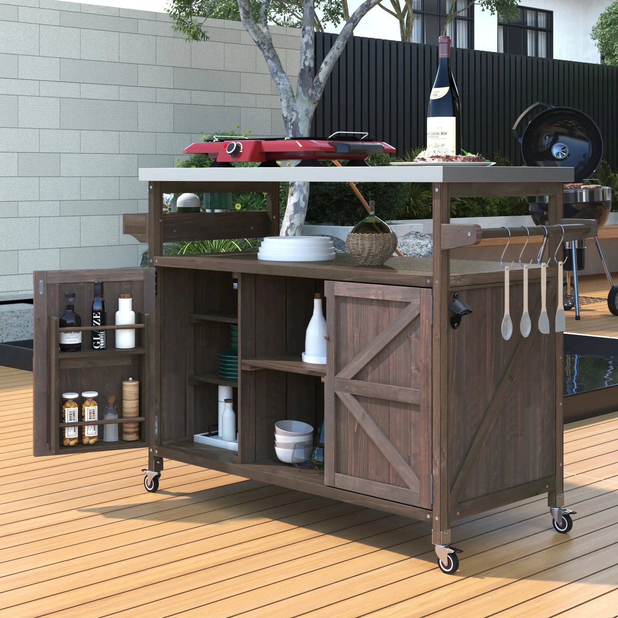 K&K Outdoor Kitchen Island, Rolling Bar Cart & Storage Cabinet by HouseOfZazla