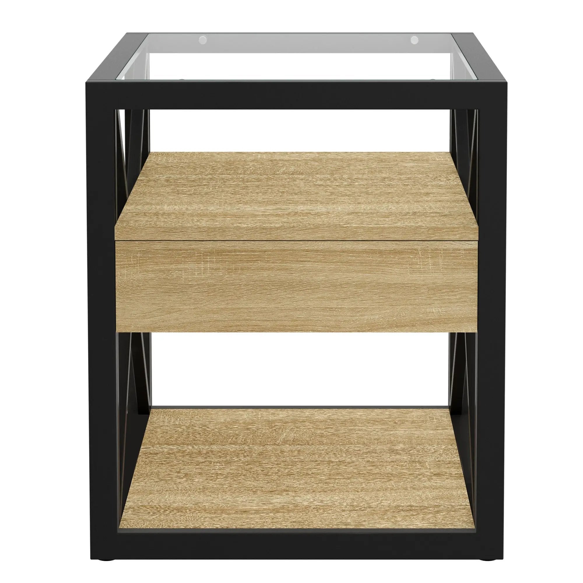 1 Piece Modern End Table with Drawer - Natural Wood & Tempered Glass by HouseOfZazla