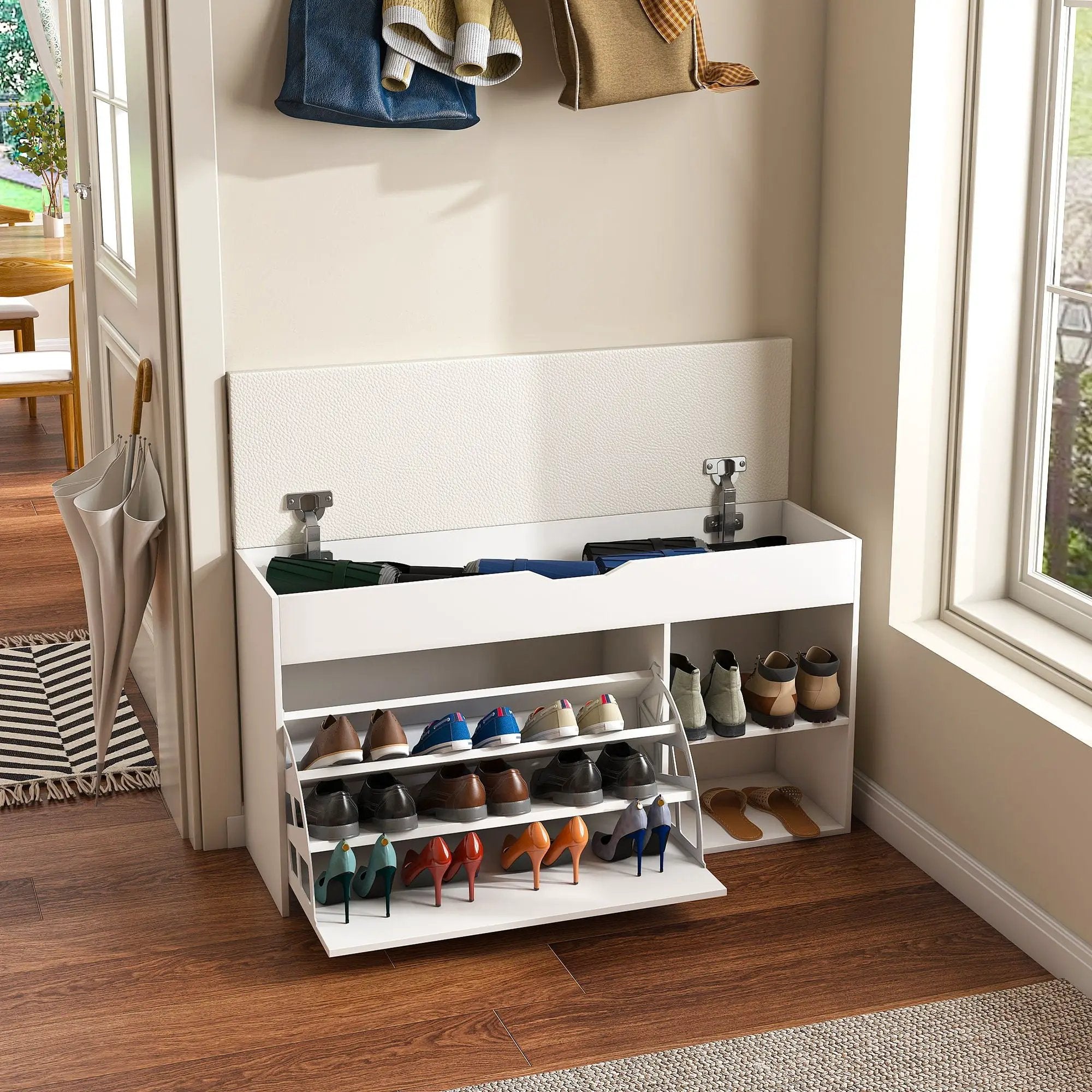 Modern Design Entryway Bench With Adjustable 3 Tier Flip-Up Drawers And Hidden Cabinet - White by HouseOfZazla