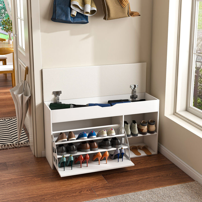 Modern White Entryway Bench with Adjustable 3-Tier Flip-Up Drawers and Hidden Cabinet, photo 6 of 10