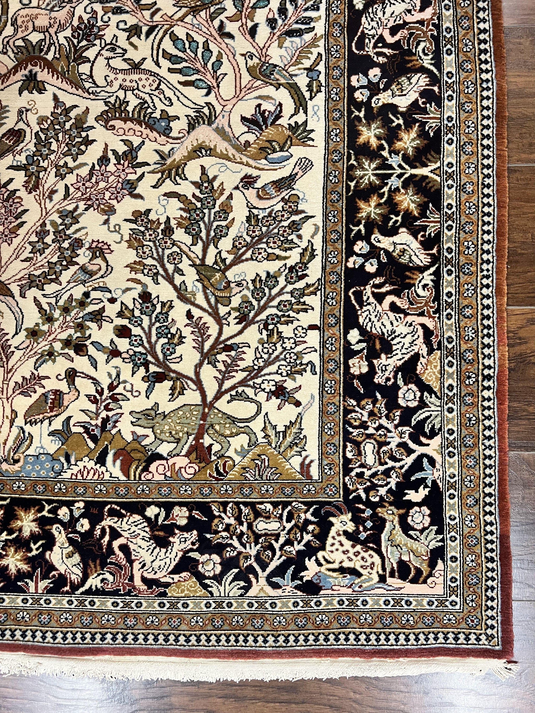 Persian Qum Tree of Life Rug 5x7, Wool and Silk Highlights, Animal Motifs, Vintage Hand Knotted Handmade Cream & Black Fine Oriental Carpet by Jewel Rugs