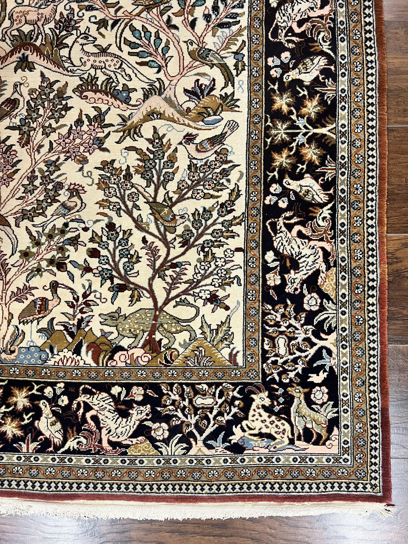 Persian Qum Tree of Life Rug 5x7, Wool and Silk Highlights, Animal Motifs, Vintage Hand Knotted Handmade Cream & Black Fine Oriental Carpet by Jewel Rugs