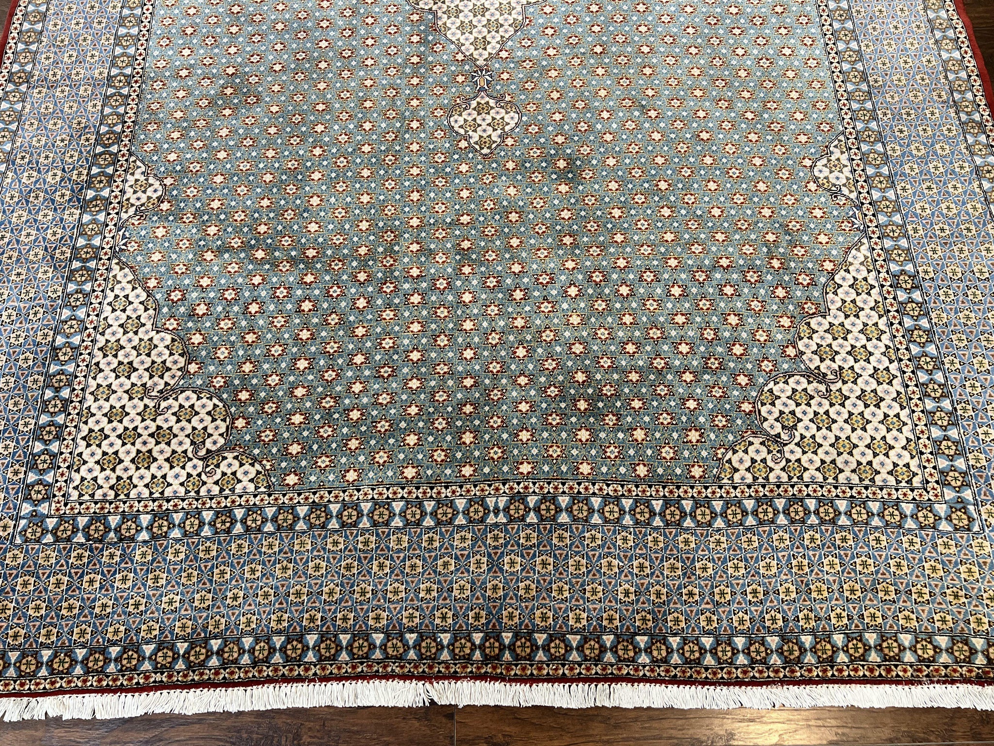 Rare Persian Rug 8x12, Qum Rug, Repeated Star Motifs, Blue and Ivory, Fine 300 KPSI, Hand Knotted Handmade Vintage Wool Rug by Jewel Rugs