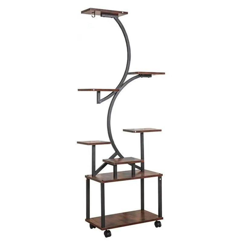 8 Tier Indoor Plant Stand With Grow Lights, S Shaped Metal Shelf For Multiple Plants - Black / Dark Walnut by Unique Piece Furniture