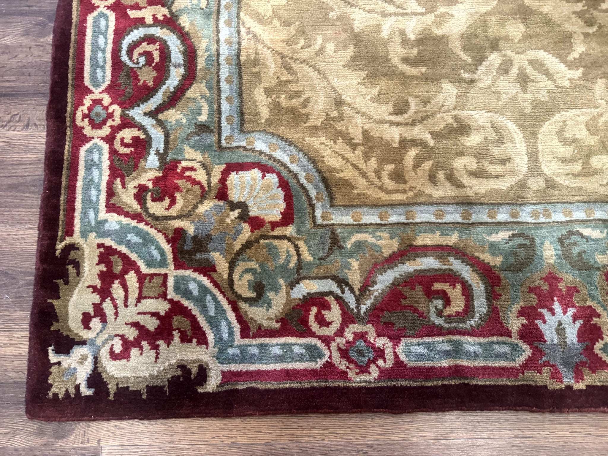 Tibetan Aubusson Rug 6x9, Gold-Beige, Soft Wool Pile, Handmade by Jewel Rugs