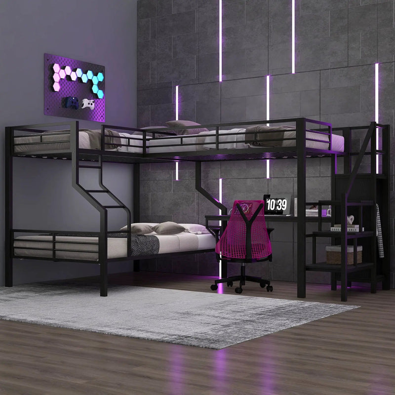 Twin Over Full L Shaped Bunk & Loft Bed With Built-In Wardrobe, Desk, And USB Ports - Black by HouseOfZazla