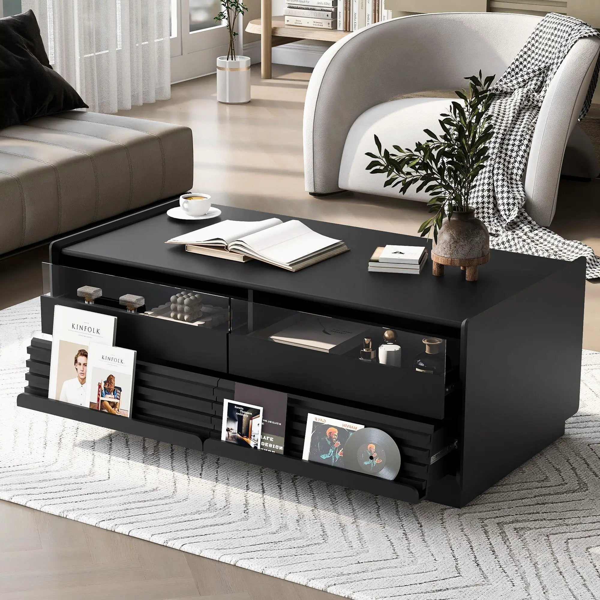Modern Rectangle Coffee Table With 4 Drawers And 2 Display Shelves by Unique Piece Furniture